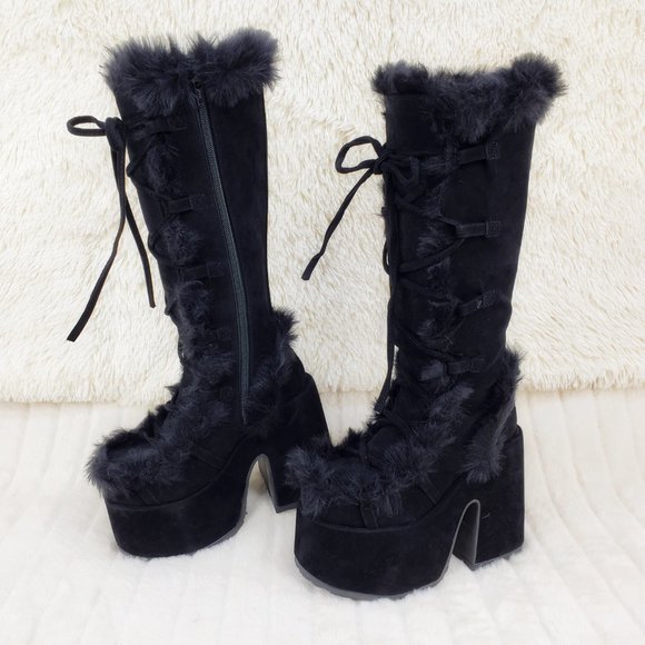 Camel 311 Black furry goth punk Platform Knee Boot